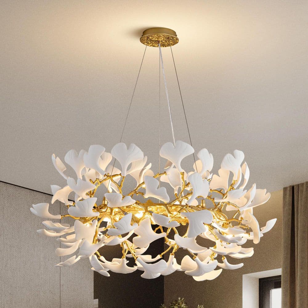 YUYI 31in. 12-Light Gold Chandelier, Luxury Ginkgo Branch