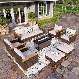 Brown Rattan Wicker 9 Seat 10-Piece Steel Outdoor Patio Conversation Set with Beige Cushions,Rectangular Fire Pit Table