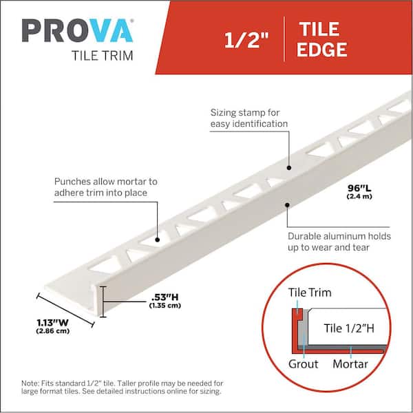Bright White Powder Coated 1.13 in. W x 96 in. L Aluminum 1/2 in. Tile Edge Trim