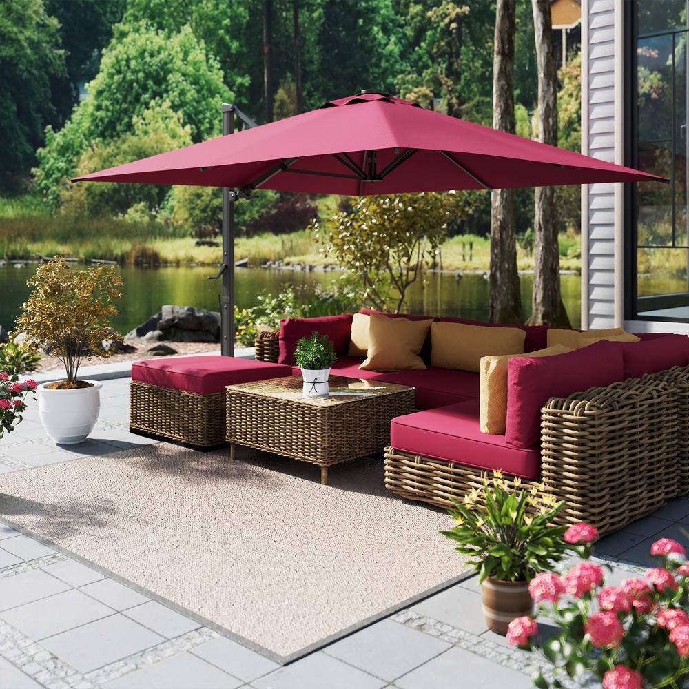10 ft Red Square Aluminum Cantilever Patio Umbrella with Bluetooth LED Light
