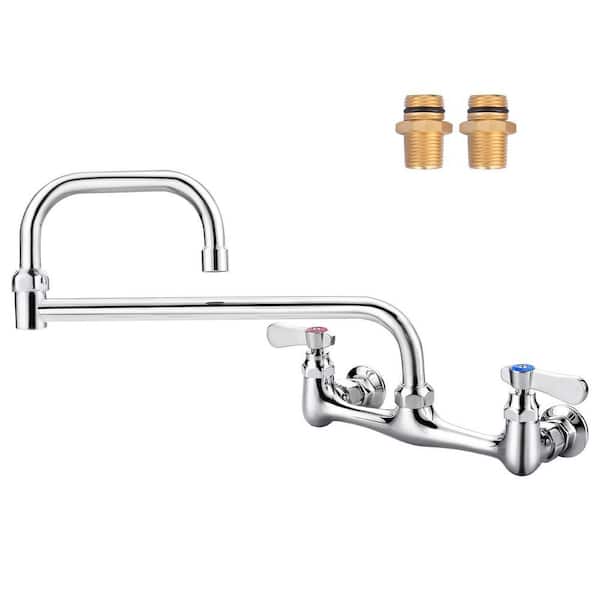 Brass Commercial Double Handle Wall Mount Standard Kitchen Faucet with Swivel Spout Folding Faucet in Polished Chrome