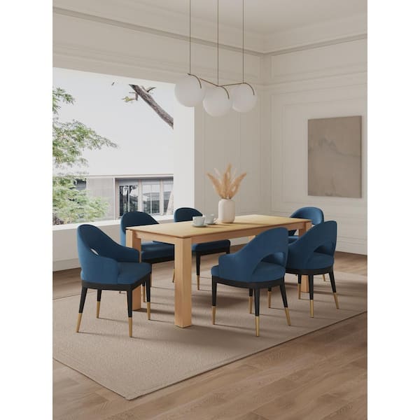 Manhattan Comfort Rockaway and Carrington 7-Piece Rectangle Natural and Midnight Blue Ash Wood Top Dining Room Set Seats 6