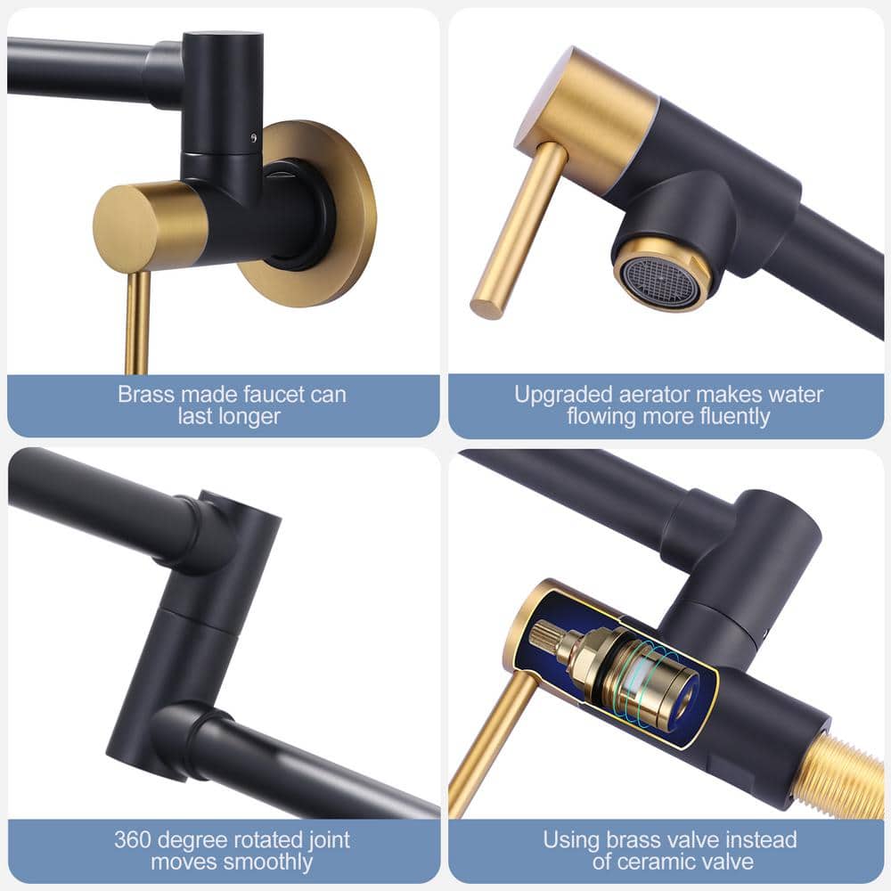 Black and Gold Wall Mounted Double Handle Pot Filler Faucet