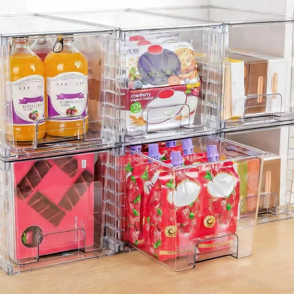 4 Pack Clear Easy-Assemble Stackable Pantry Organizer, for Bathroom Undersink, Kitchen Cabinets, Makeup Organization