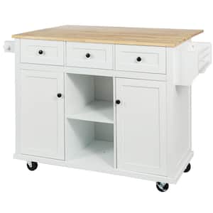 White Rubber Wood 53.1 in. W Kitchen Island on 5 Wheels with 3 Drawers and 2 Door Cabinet for Dinning Room