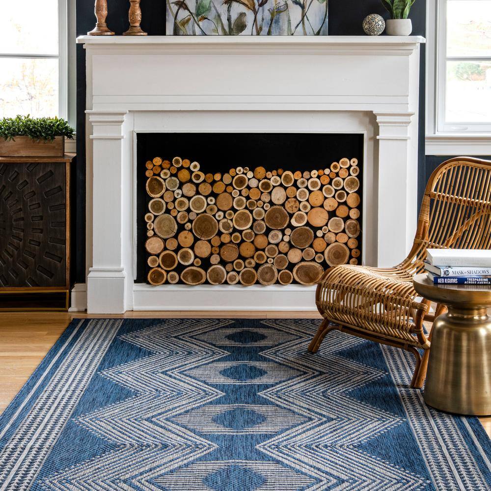 Blue Rectangular Synthetic Easy Care Indoor/Outdoor Rug