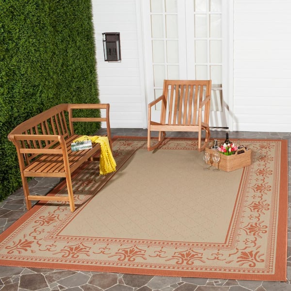 Courtyard Natural/Terra 9 ft. x 12 ft. Border Indoor/Outdoor Patio  Area Rug