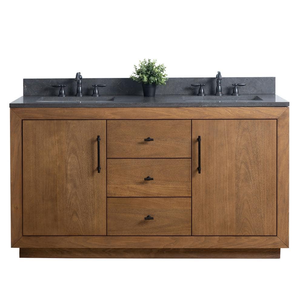 60" Tan Double Sink Bathroom Vanity with Black Limestone Top