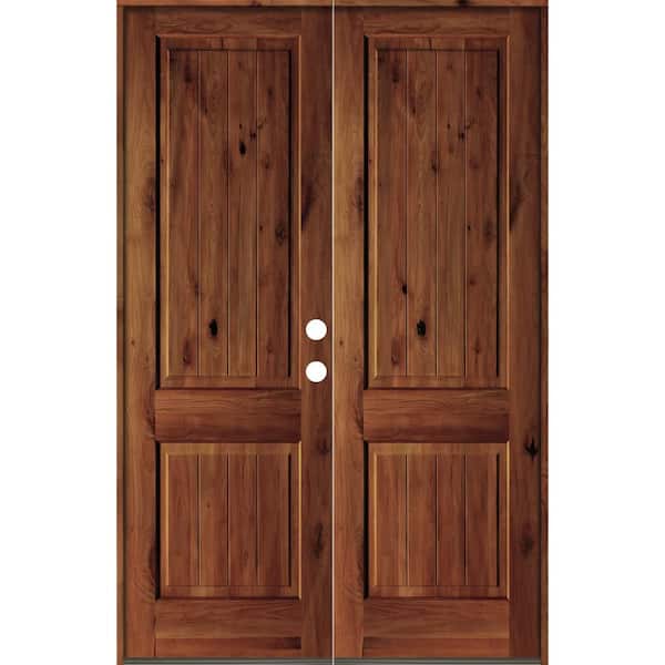 Krosswood Doors 64 in. x 96 in. Rustic Knotty Alder Square Top Red Chestnut Stain/V-Groove Left-Hand Wood Double Prehung Front Door