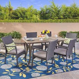 Corleone Gray 7-Piece Wood and Faux Rattan Outdoor Dining Set with Gray Cushions