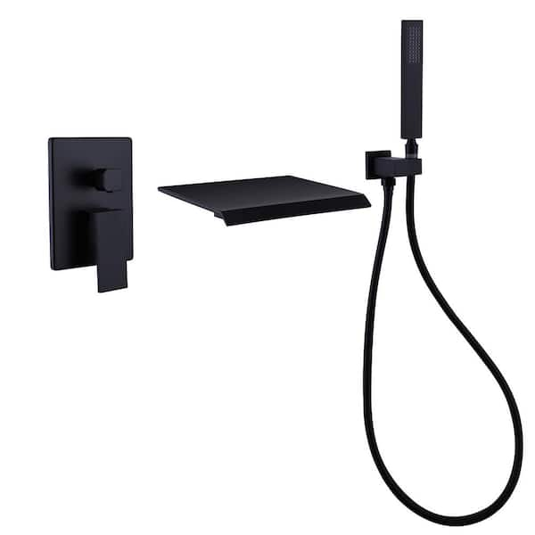 Single-Handle Wall-Mount Roman Tub Faucet Waterfall Tub Filler with Hand Shower in. Matte Black