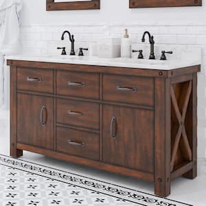 Aberdeen 60 in. W x 22 in. D x 34 in. H Double Sink Bath Vanity in Rustic Sienna with Carrara White Marble Top