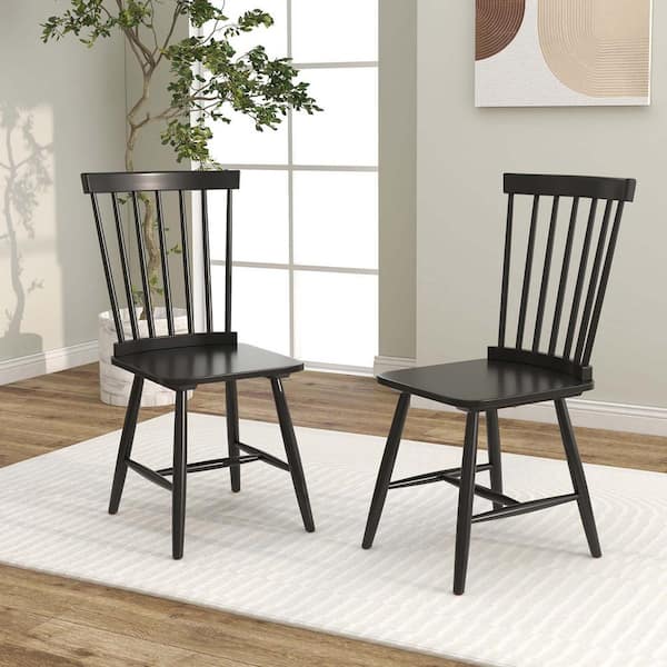 Costway Black Windsor Dining Chairs Armless Spindle Back Solid Rubber Wood Set of 2