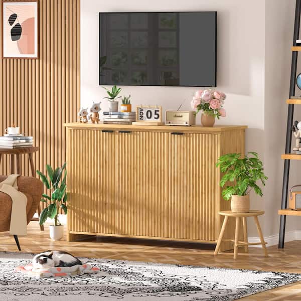 Yellow Bamboo 47.4 in. W Accent Storage Cabinet Sideboard Buffet with Fluted Doors