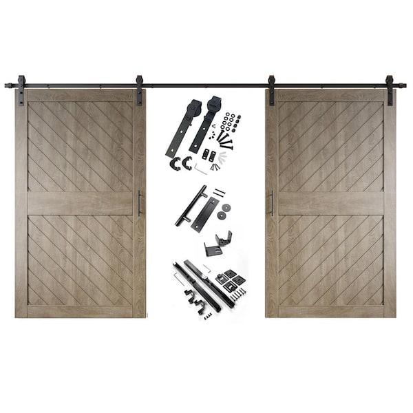 HOMACER XT2 50 in. x 84 in. C-Panel Classic Gray Slanted Stripe Design Double Pine Wood Sliding Barn Door with Hardware Kit