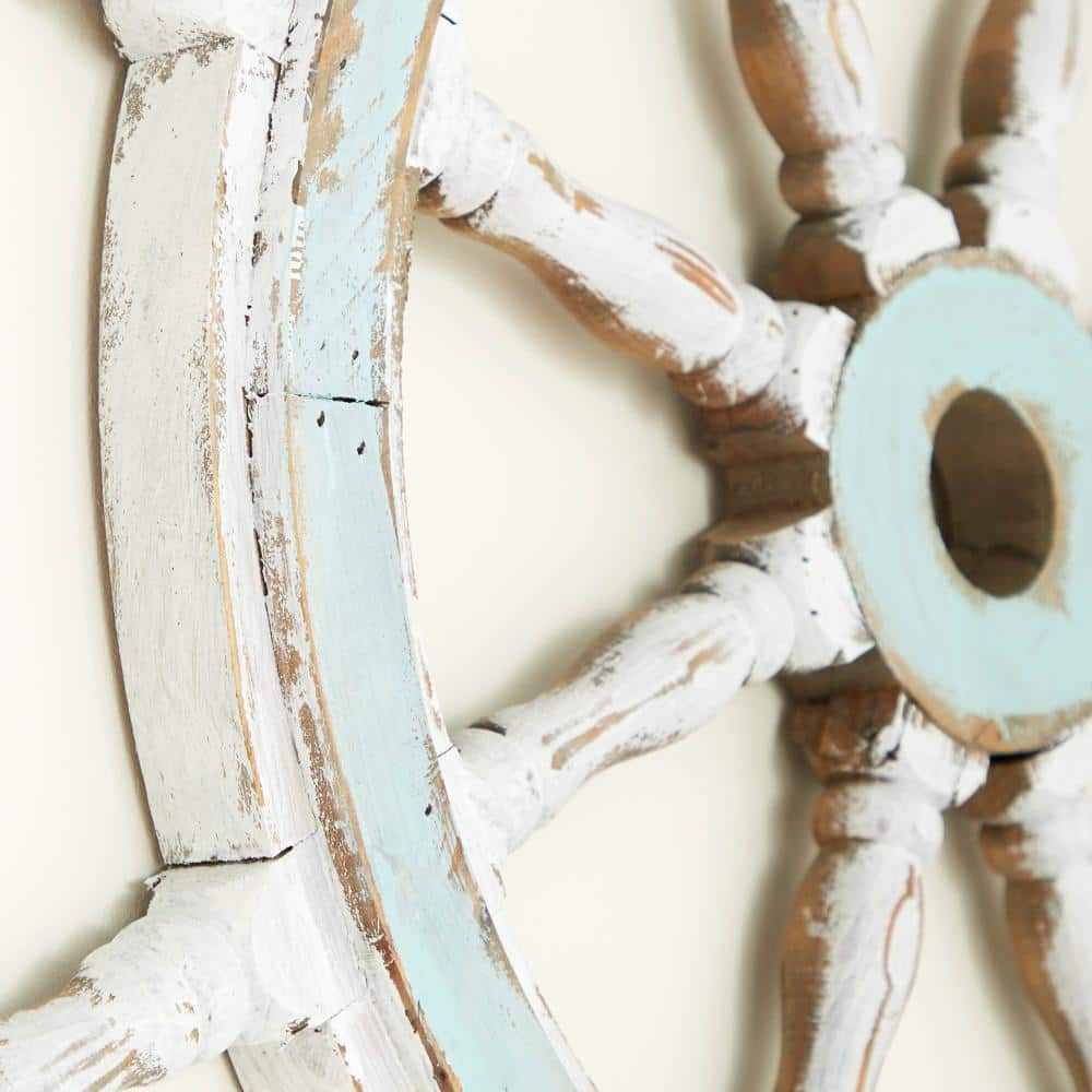 24" Blue and White Distressed Wood Ship Wheel Wall Decor