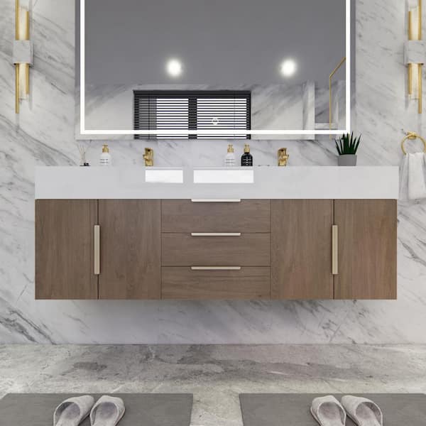 Bethany 59 in. W x 20 in. D x 22 in. H Double Sink Floating Bath Vanity in Light Oak with White Acrylic Top