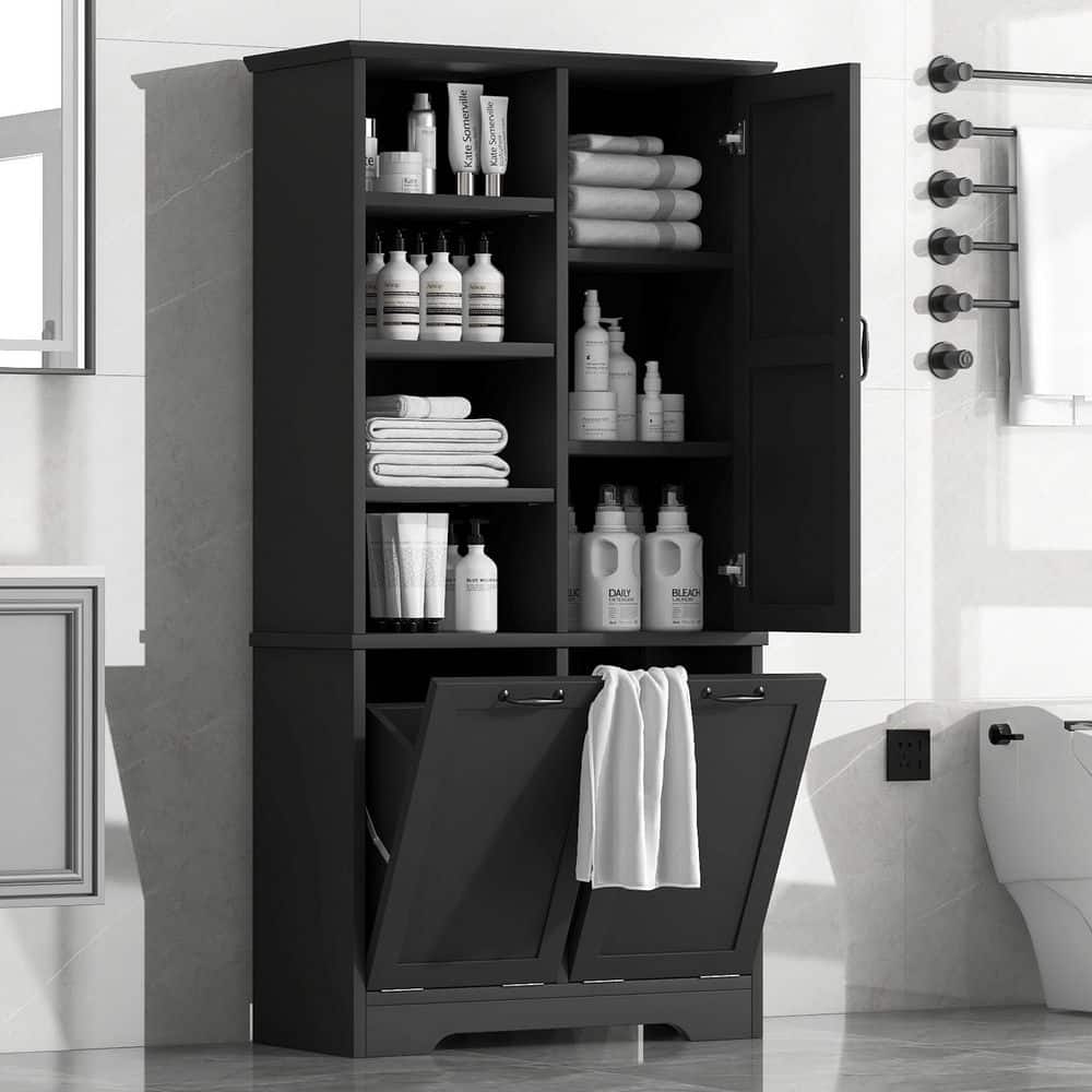 31 in. W x 14 in. D x 68 in. H Black Wood Bathroom Linen Cabinet with Tilt-Out Laundry Hamper and Adjustable Shelf price history on PriceWatchPro