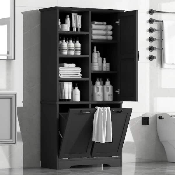 31 in. W x 14 in. D x 68 in. H Black Wood Bathroom Linen Cabinet with Tilt-Out Laundry Hamper and Adjustable Shelf