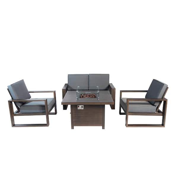 PATIOPTION Aluminum Patio Conversation with Gray Cushions, 41.34 in. Fire Pit Table Sofa Set - 2-Armchair plus Loveseat