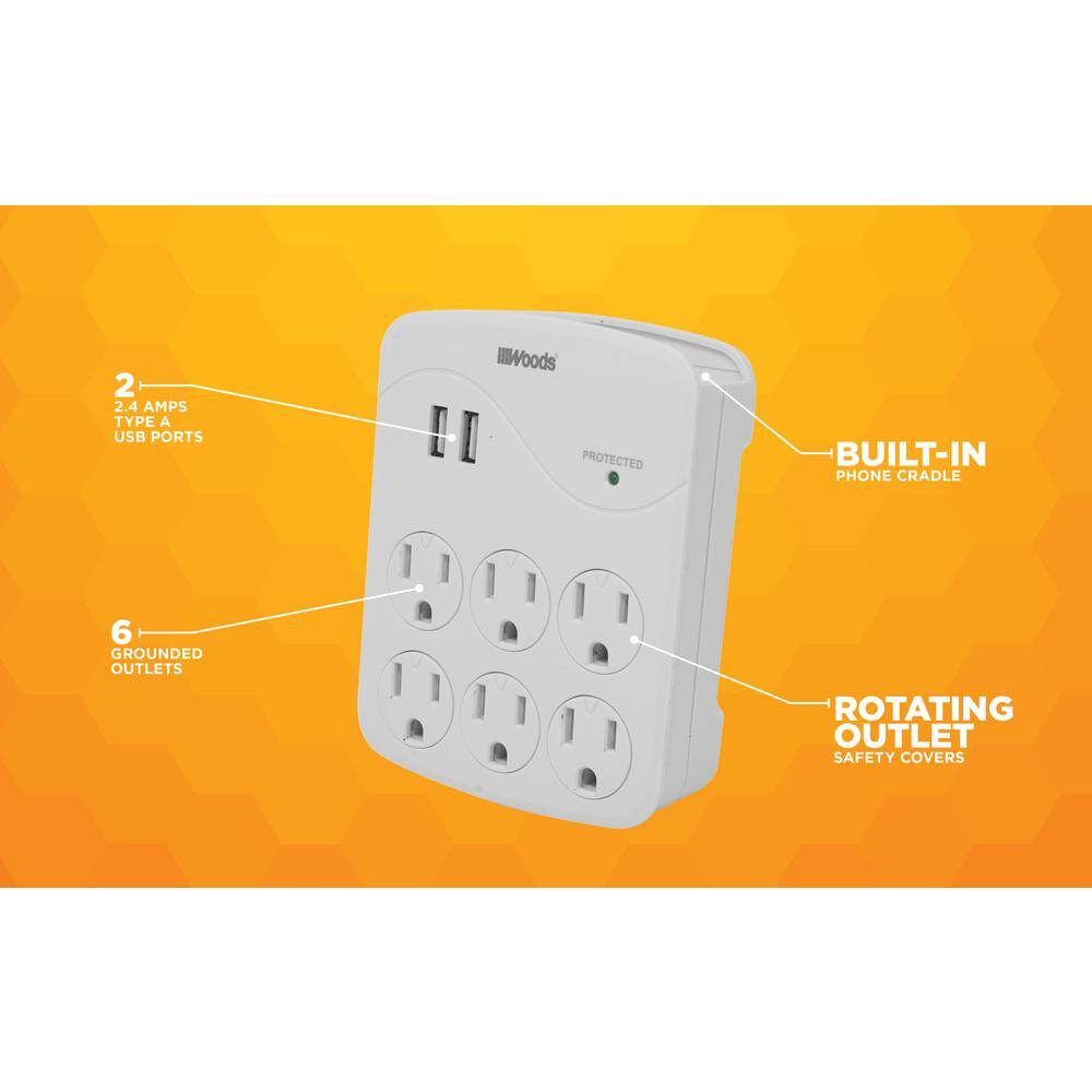 White 6-Outlet Surge Protector with 2 USB Ports