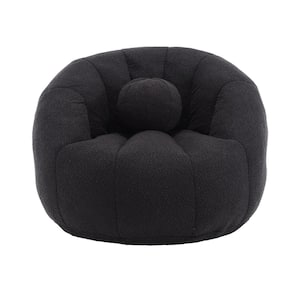 Modern Swivel Round Black Boucle Bean Bag Accent Chair with Ottoman Pillow