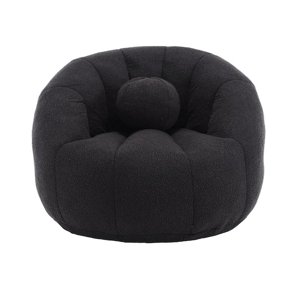 HOMEFUN Modern Swivel Round Black Boucle Bean Bag Accent Chair with Ottoman Pillow