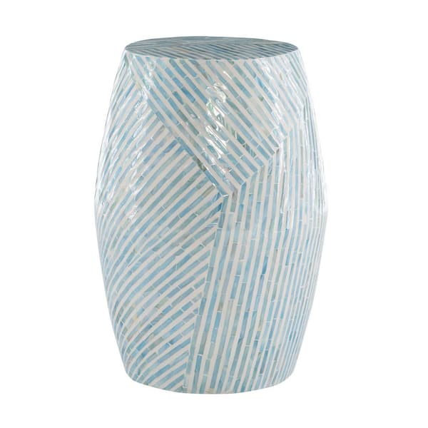 Linon Home Decor Jaynie 13.75 in. Ivory and Blue Drum Capiz Shell Accent End Table