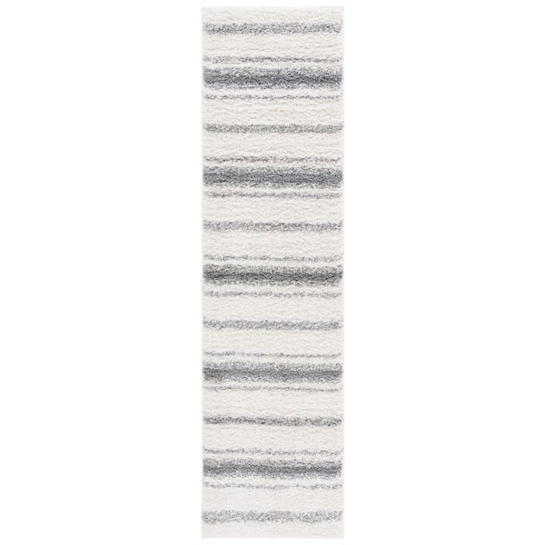 Border and Stripe Shag 2 ft. x 8 ft. Ivory/Gray Faded Striped Runner Rug