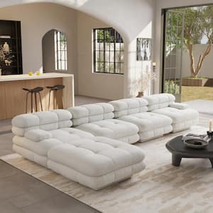 146.44 in. Square Arm 5-Piece Teddy Velvet Deep Seat Modular Sectional Sofa with Adjustable Armrest in Beige