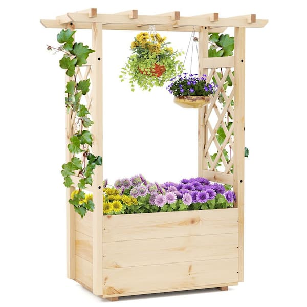 Natural Wooden Raised Garden Bed/ Lattice Trellises Hanging Roof Drainage Indoor Outdoor