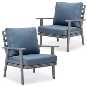 Walbrooke Modern Outdoor Arm Chair with Grey Powder Coated Aluminum Frame and Removable Cushions Set of 2 (Navy Blue)