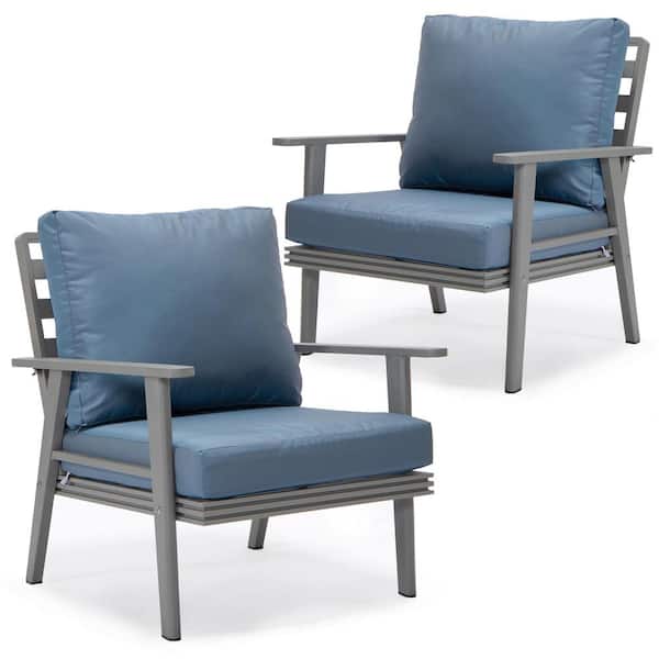 Leisuremod Walbrooke Modern Grey Outdoor Arm Chair with Powder Coated Aluminum Frame and Removable Cushions in Navy Blue Set of 2