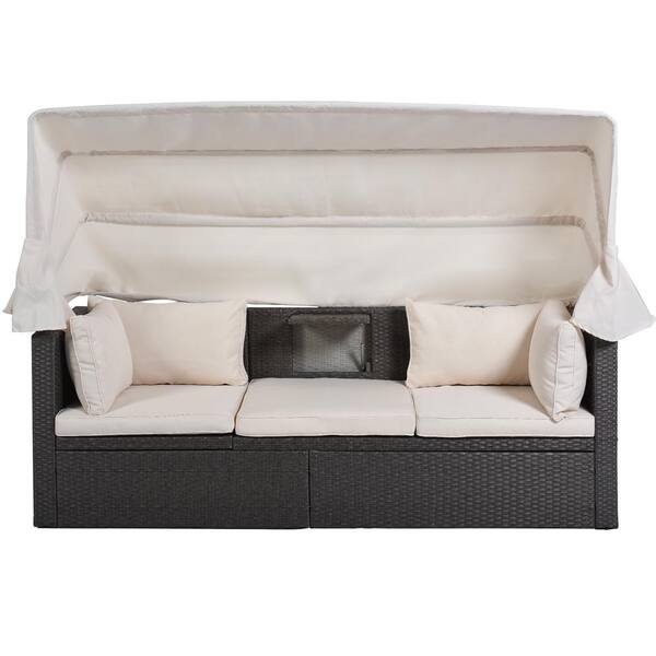 Unbranded 4 Pieces Wicker Patio Conversation Set,Rectangle Daybed with Retractable Canopy,with Beige Cushions,for Backyard,Porch