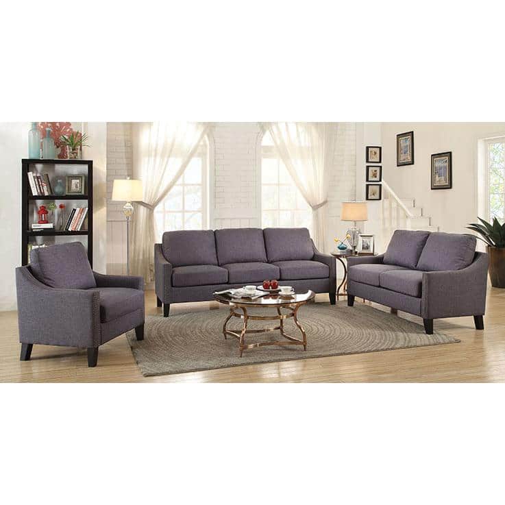 Zapata Gray Linen Sloped Arm Sofa with Nailhead Trim