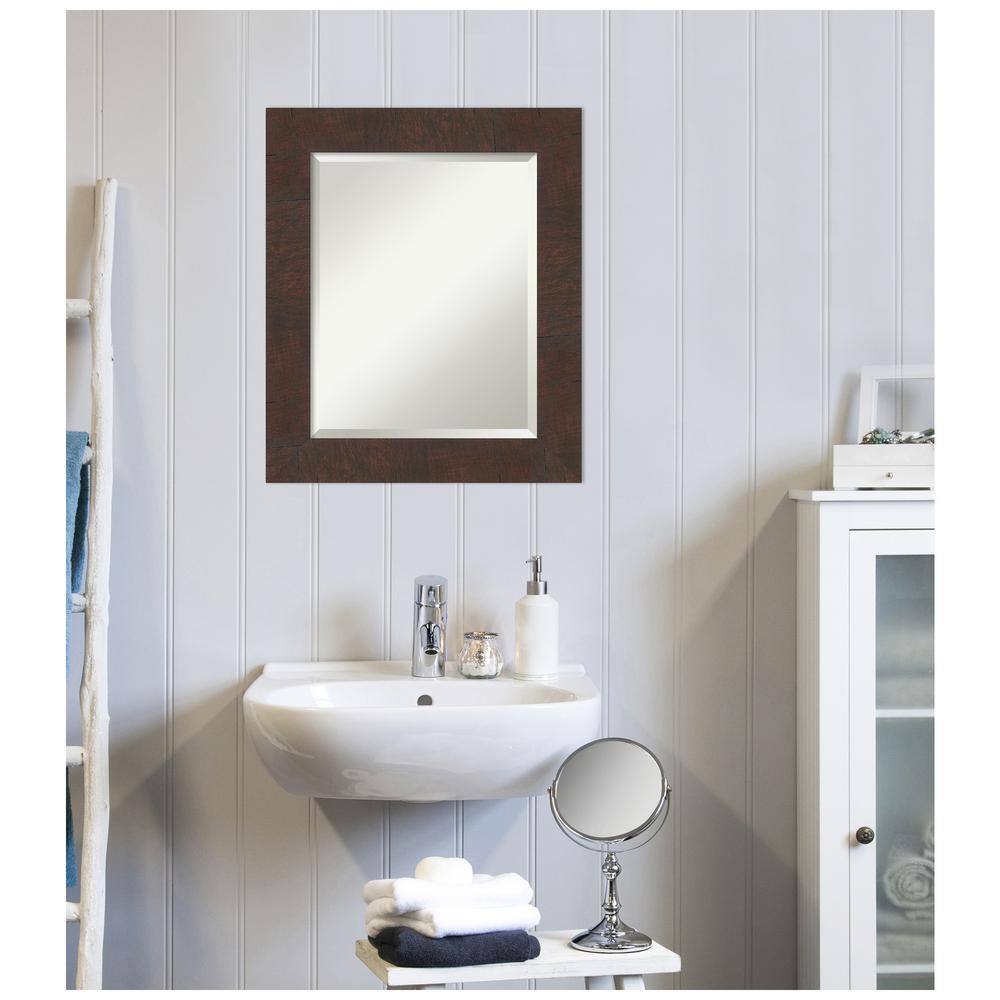 Woodgrain Walnut Brown Rectangular Bathroom Vanity Mirror with Silver Accents
