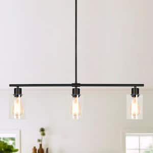 3-Light Matte Black Industrial Linear Chandelier with Glass Shades for Kitchen Island with No Bulbs Included