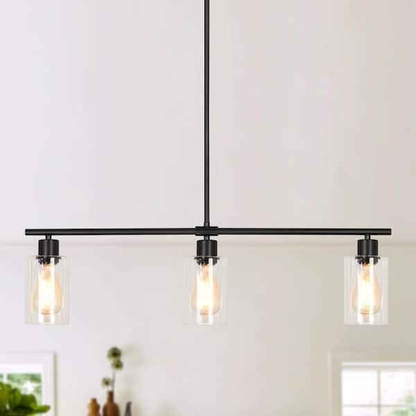 ZJVAIVE 3-Light Matte Black Industrial Linear Chandelier with Glass Shades for Kitchen Island with No Bulbs Included