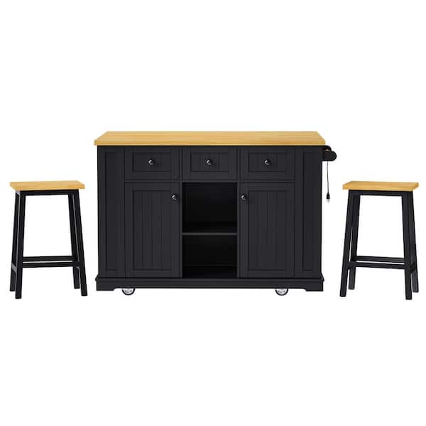 Unbranded Black Wood Outdoor Dining Table with Wheels, 2 Bar Stools, Rolling Kitchen Island Bar Cart with Power Outlet