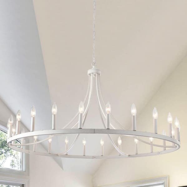 24-Light White Vintage Rustic Round Wagon Wheel Candlestick Chandelier for Living Room Kitchen Foyer Entryway