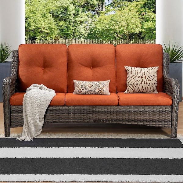 JOYSIDE 3-Seat Wicker Outdoor Patio Sofa Sectional Couch with Orange Cushions