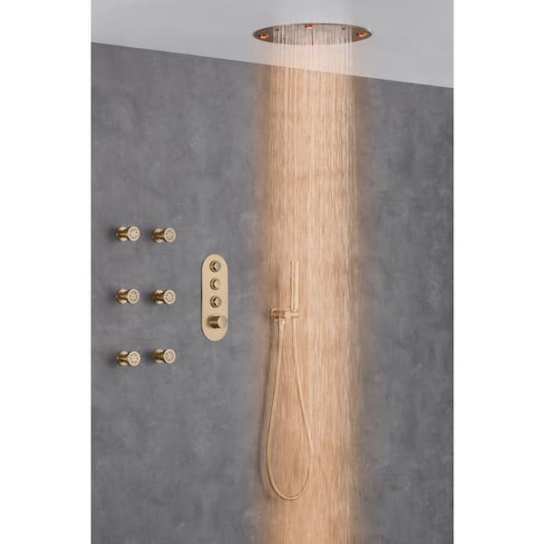 Vanfoxle Luxury 2-Spray Ceiling Mounted Dual Fixed and Handheld Shower Head 1.8 GPM in BBrushed Gold with Thermostatic Valve
