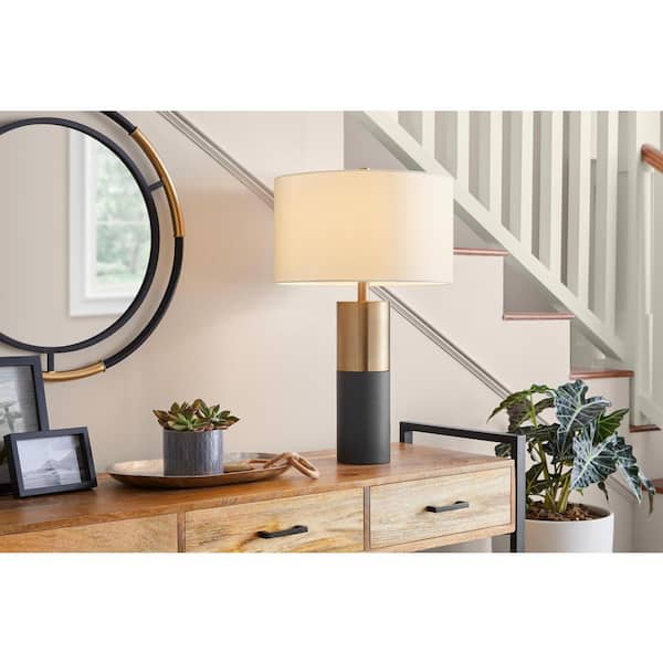 Hampton Bay Greenhaven 25 in. 1-Light Gold and Concrete Table Lamp with Fabric Drum Shade
