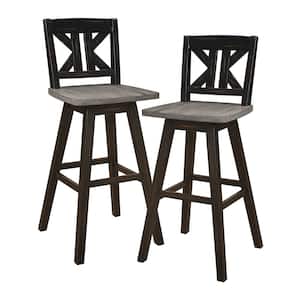 Fenton 28 in. Distressed Gray and Black Wood Swivel Pub Height Chair (Divided X-Back) with Wood Seat (Set of 2)