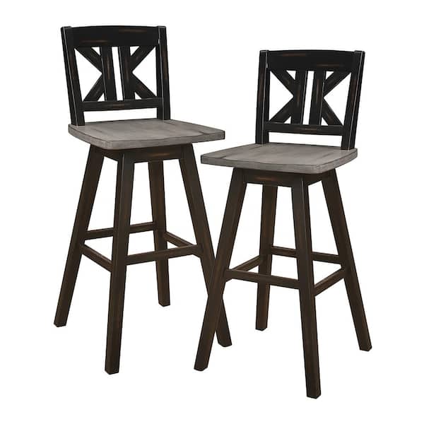 Lazzara Fenton 28 in. Distressed Gray and Black Wood Swivel Pub Height Chair (Divided X-Back) with Wood Seat (Set of 2)