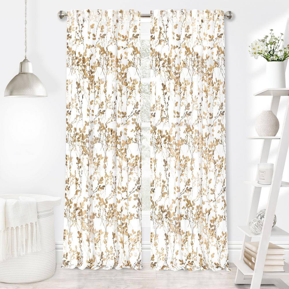 Hazelnut Floral Sheer Polyester Back Tab Curtain Panel, 52" x 63"