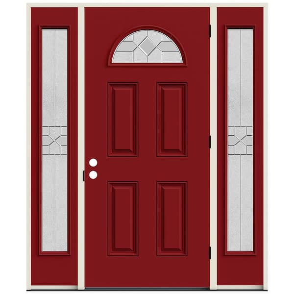 60 in. x 80 in. Left-Hand FanLite Caldwell Decorative Glass CranberryRed Paint Fiberglass Prehung Front Door W/Sidelites