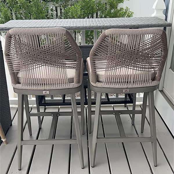 PURPLE LEAF Modern Aluminum Twill Wicker Woven Counter Height Outdoor Bar Stool with Back and Light Gray Cushion 2 Pack ZP06 BC02ATWLG