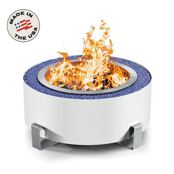 Breeo Luxeve Smokeless Stainless Steel Outdoor Fire Pit – White River Powder-Coated Finish – Includes Dark Blue Glass Rocks