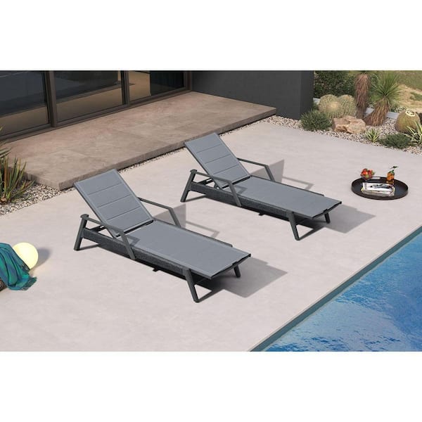 Outdoor Chaise Lounge Chairs Set of 2 with Armrests Aluminum Reclining Layout Lounge for Outdoor Poolside, Moon Basalt